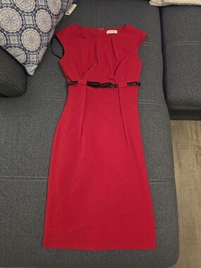 Calvin Klein Red Sheath Dress with Black Belt Detail